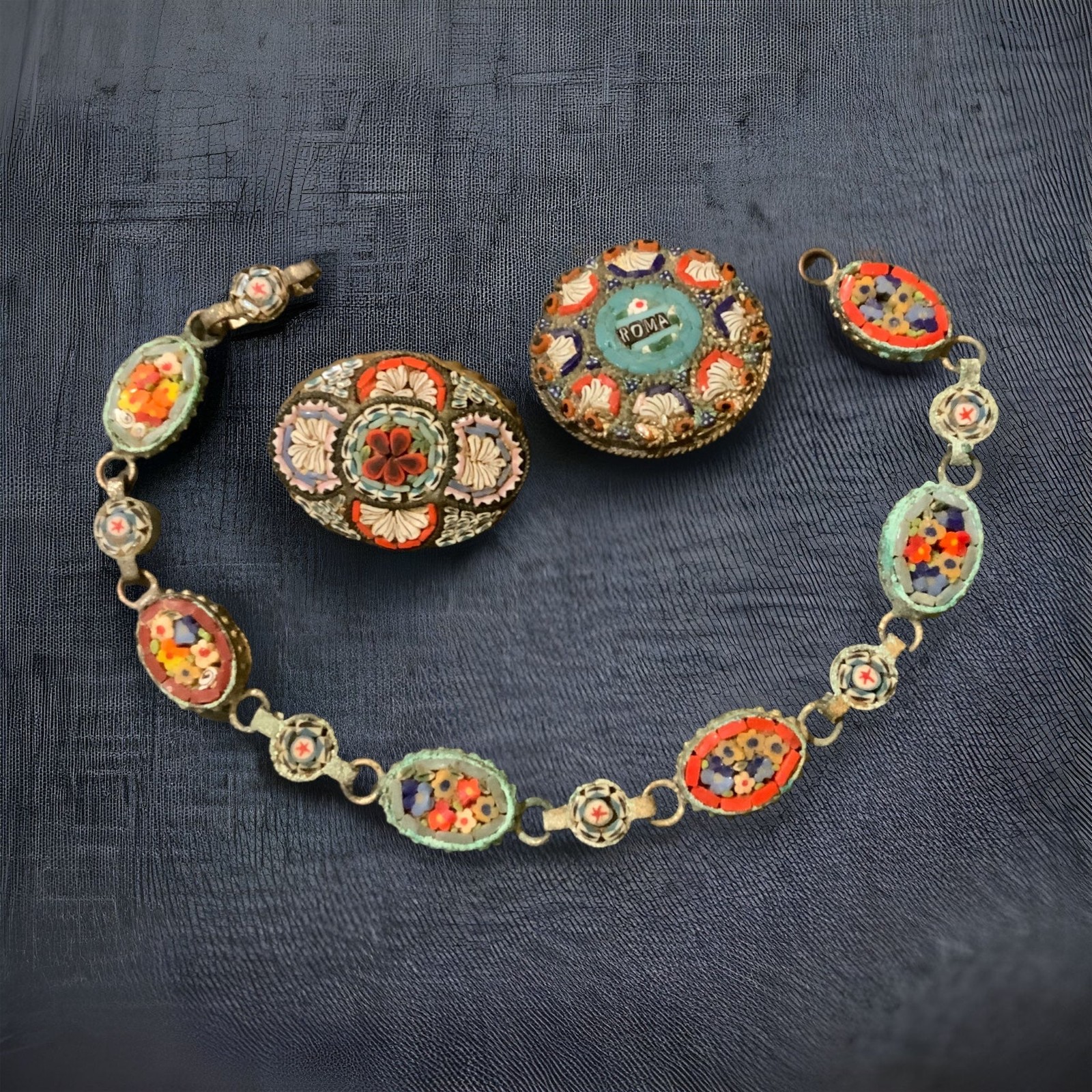 Antique Italian Mili Fiori Micro Mosiac BraceletAnd Two Brooches Set, Gift Boxed