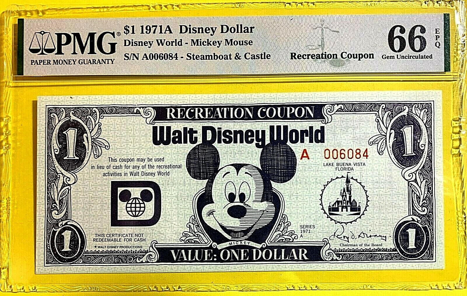 1971 DISNEY DOLLAR - RECREATION COUPON - PMG 66 EPQ 2nd HIGHEST-LOWEST SERIEL# 1971 DISNEY DOLLAR - RECREATION COUPON - PMG 66 EPQ 2nd HIGHEST-LOWEST SERIEL#