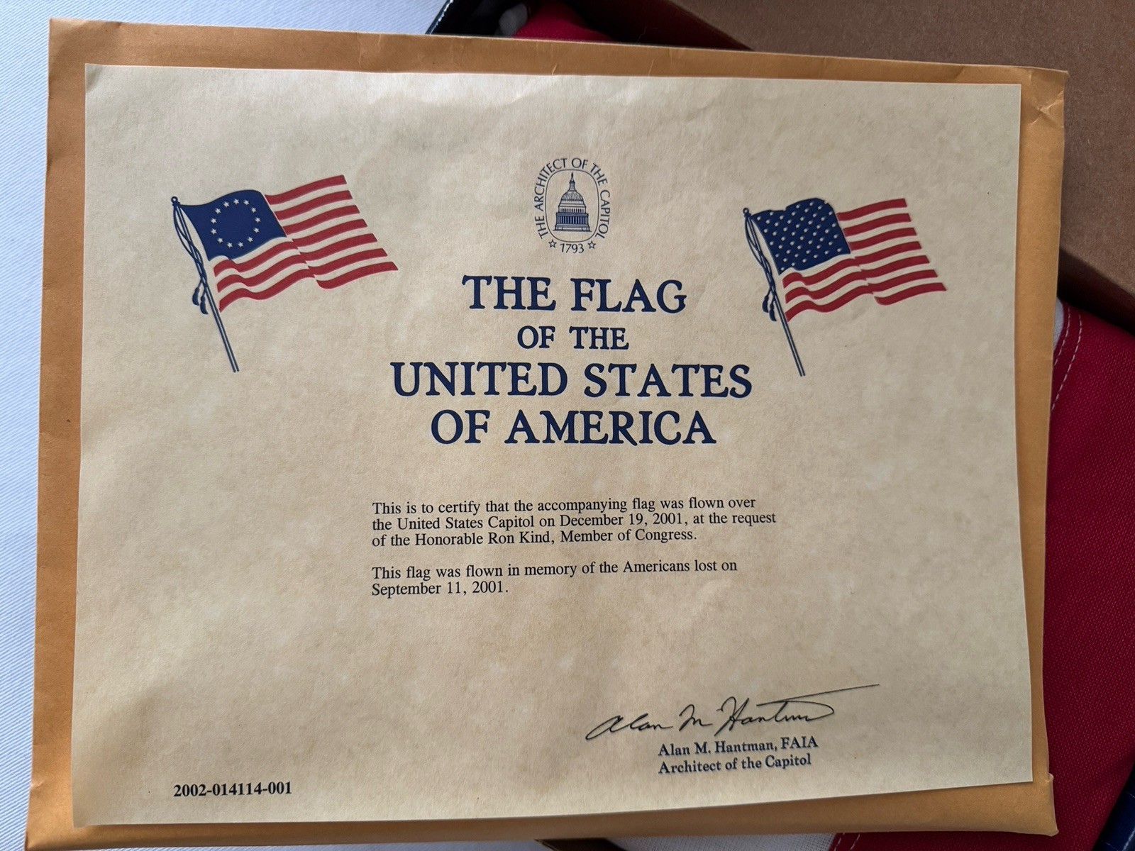 United States Flag  Flown Over The Capitol 2001 In Memory Of Americans Lost 9-11
