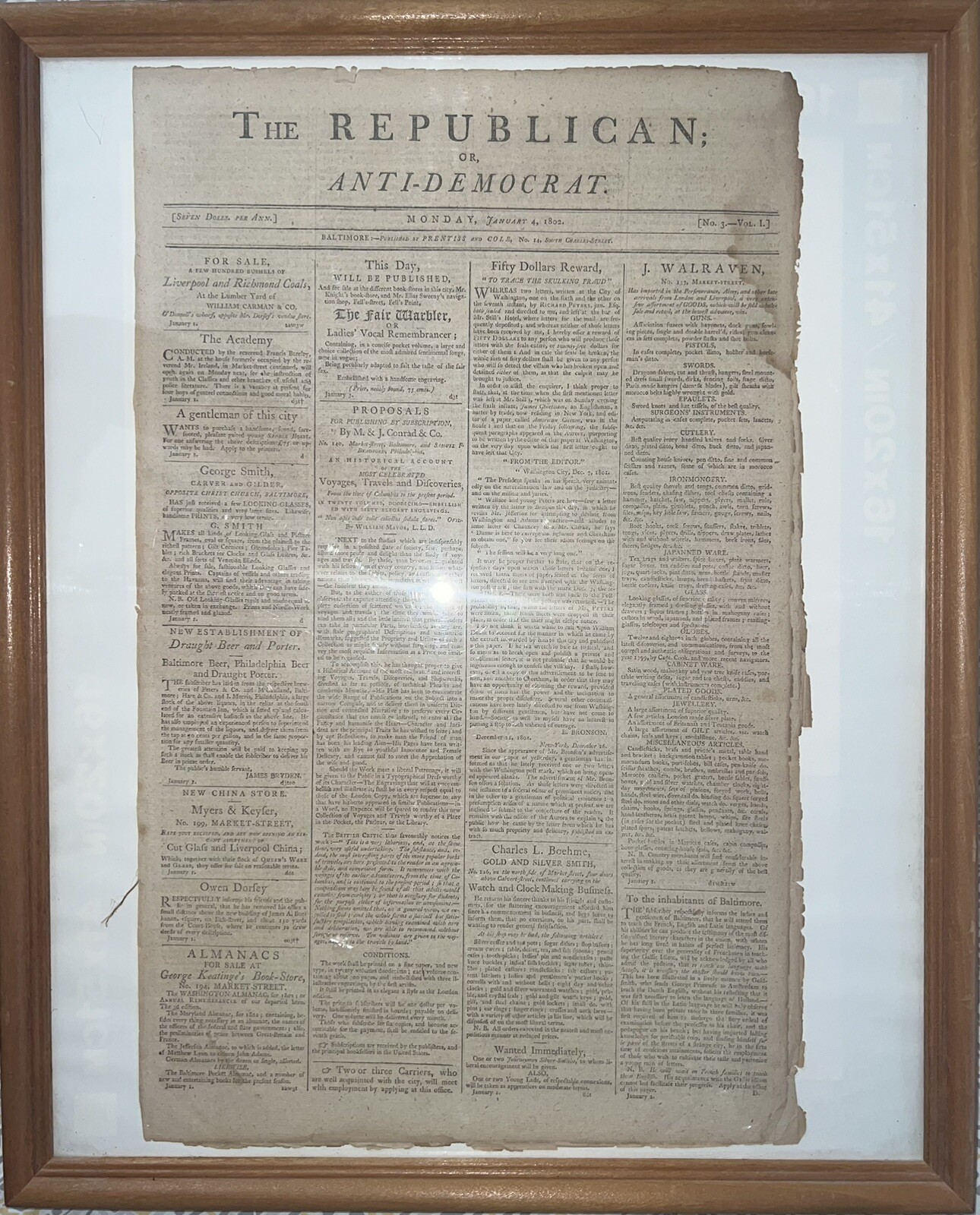 NEVER SEEN 3RD EVER ISSUED REPUBLICAN OR ANTI-DEMOCRAT NEWSPAPER JANUARY 4 1802 NEVER SEEN 3RD EVER ISSUED REPUBLICAN OR ANTI-DEMOCRAT NEWSPAPER JANUARY 4 1802