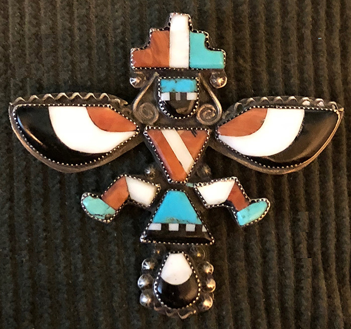 Best Zuni Knifewing Paywa Family Pin Mosaic Inlay Turquoise & Shells 1940s-50's