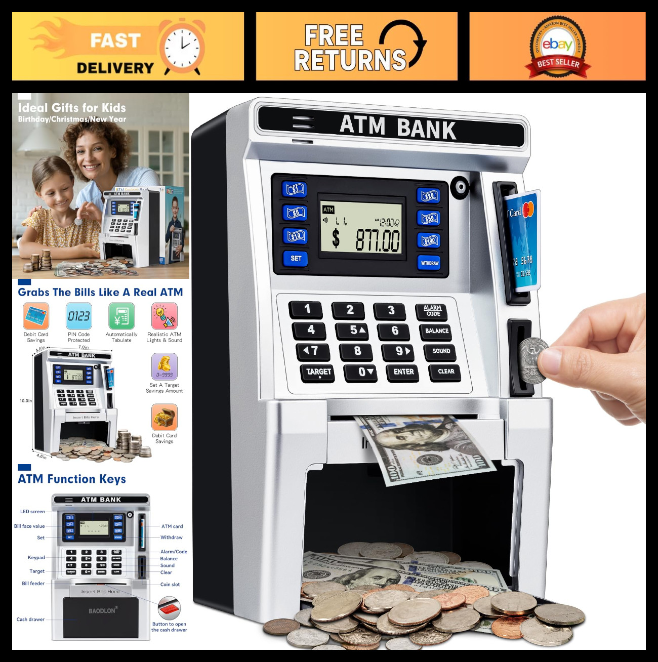 Kids ATM Piggy Bank - Electronic Savings Safe with Debit Card, Coin Feeder & Bal Kids ATM Piggy Bank - Electronic Savings Safe with Debit Card, Coin Feeder & Bal