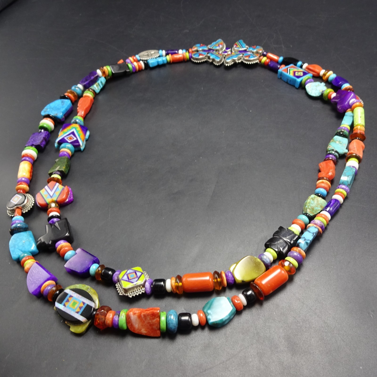 Vintage ALDRICH ART Necklace 2-Strands with MOSAIC Inlay CHARMS Butterfly Clasp