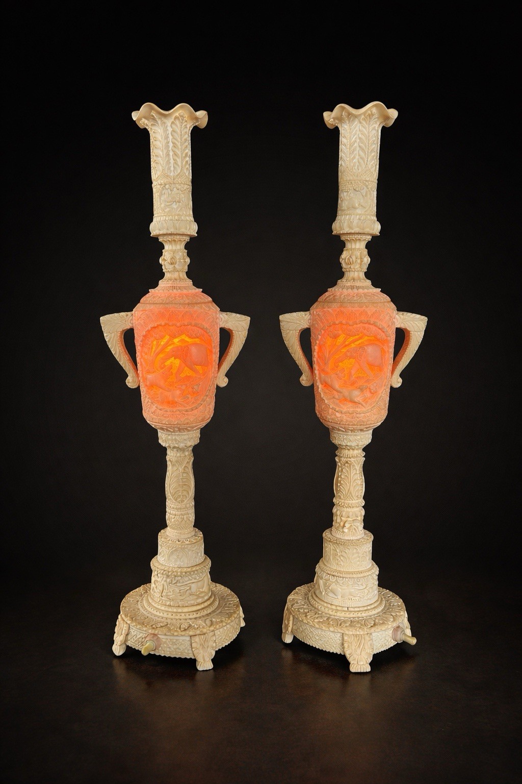 18” Antique Carved Asian Lamps Pair – European Plug, Original Bulbs Rare