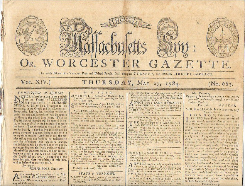 Thomas Massachusetts Spy May 27, 1784 Paul Revere Masthead Constitution   
