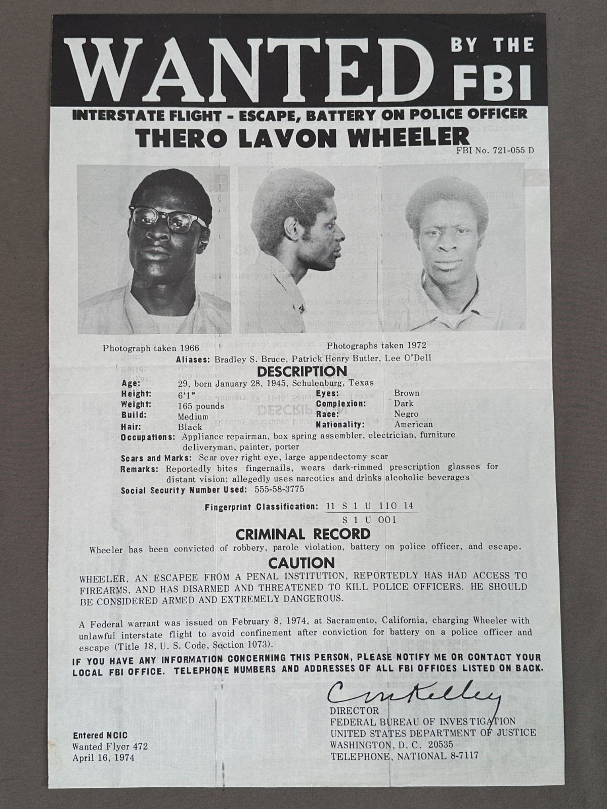 Original 1974 Thero Lavon Wheeler Wanted FBI Poster / Flyer # 472 Founder Of SLA Original 1974 Thero Lavon Wheeler Wanted FBI Poster / Flyer # 472 Founder Of SLA