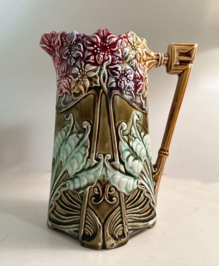 Antique French Art Nouveau majolica ewer or pitcher c1890 made by Frie Onnaing Antique French Art Nouveau majolica ewer or pitcher c1890 made by Frie Onnaing