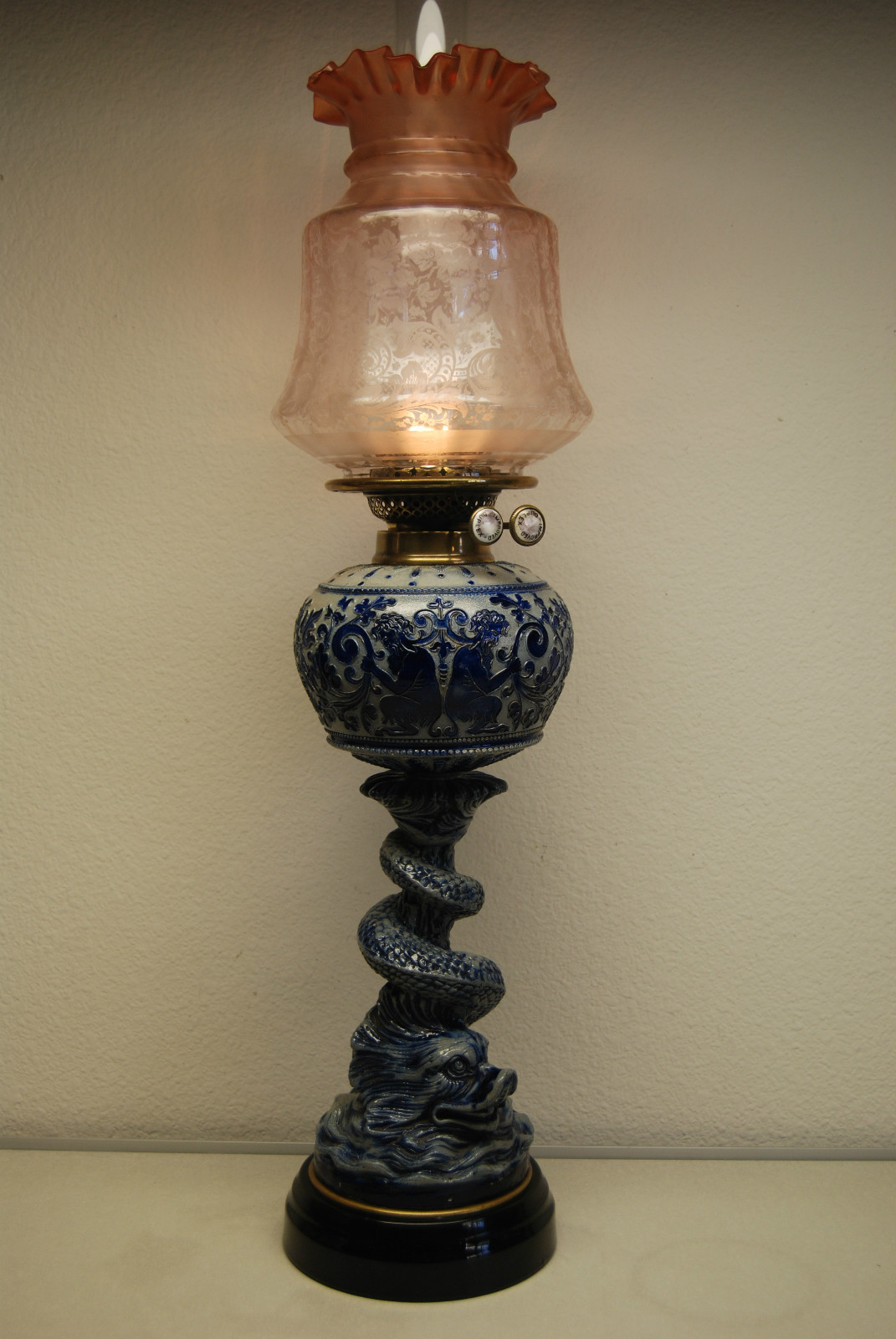 ANTIQUE ENGLISH MAJOLICA SALT GLAZED STONEWARE BLUE SEA MONSTER FIGURAL OIL LAMP ANTIQUE ENGLISH MAJOLICA SALT GLAZED STONEWARE BLUE SEA MONSTER FIGURAL OIL LAMP