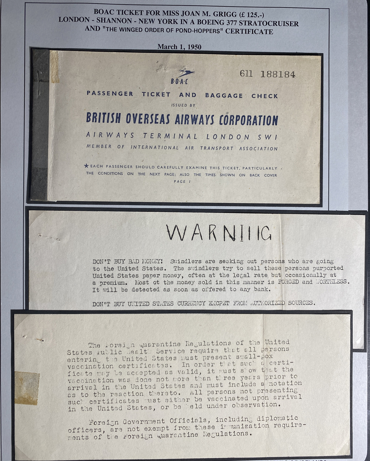 British Overseas Airways BOAC Passenger Ticket & Baggage Check
