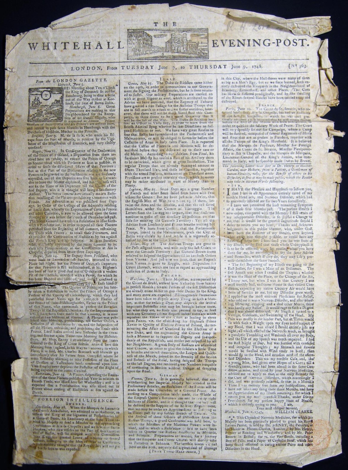 1748 THE WHITEHALL EVENING POST LONDON NEWSPAPER