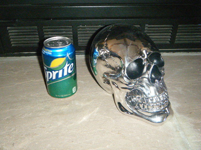 MEDIUM SILVER MIRRORED HUMAN SKULL PROP High Halloween Stitched Scars Cool HTF