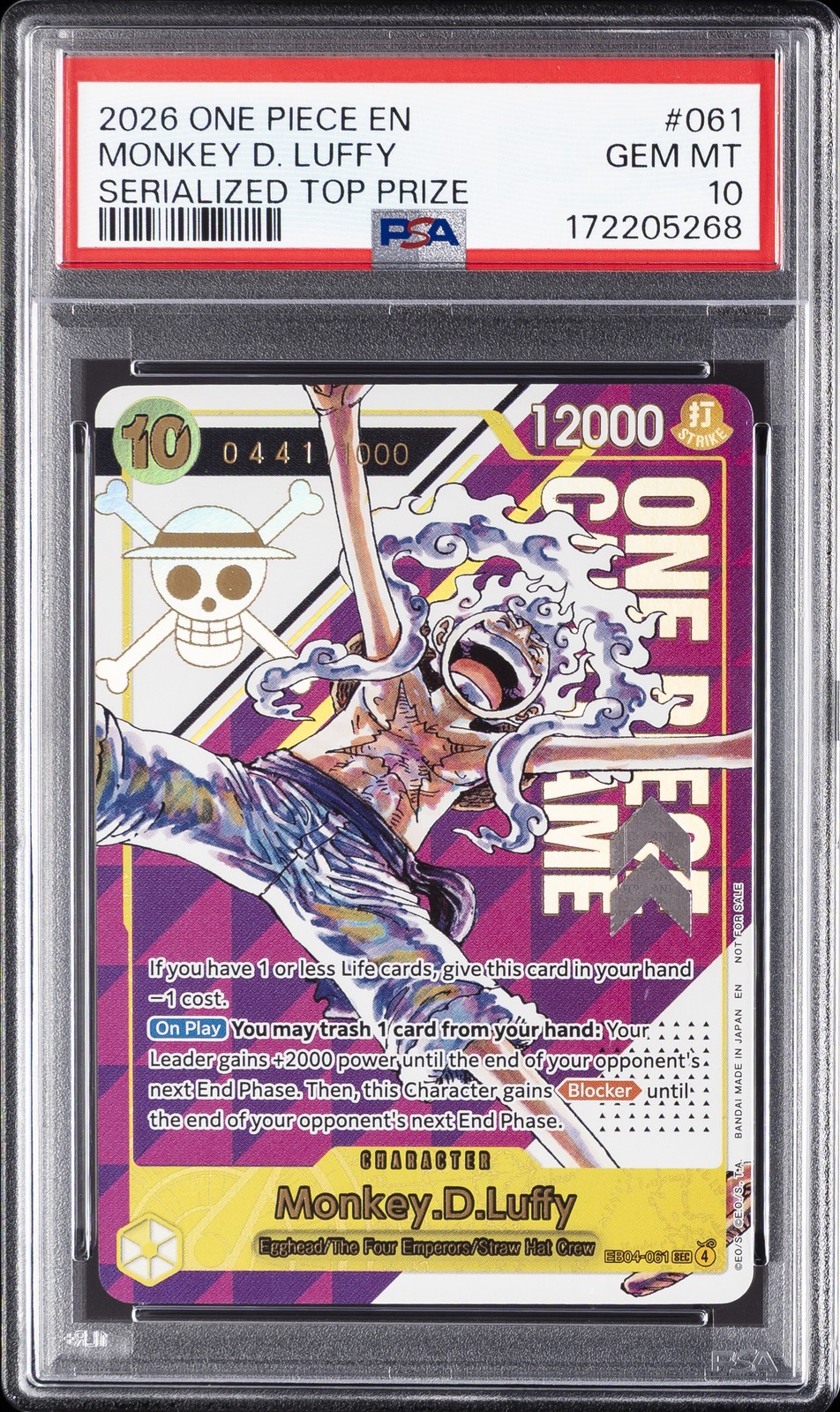 2026 ONE PIECE PROMOS #061 MONKEY D. LUFFY 441/1000 PSA 10