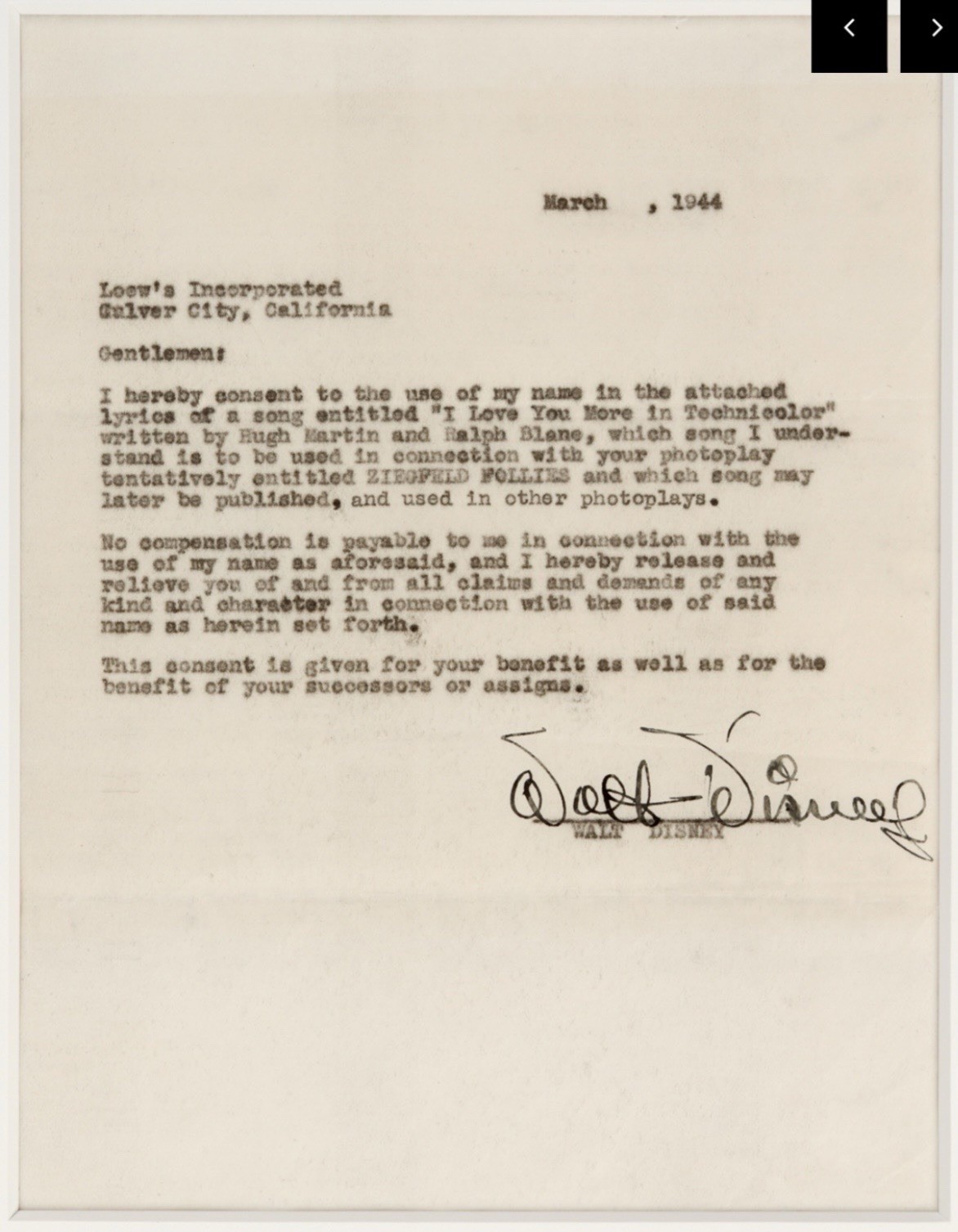 Walt Disney March 1944 Signed Document Ziegfield Follies Beckett Autograph COA Walt Disney March 1944 Signed Document Ziegfield Follies Beckett Autograph COA