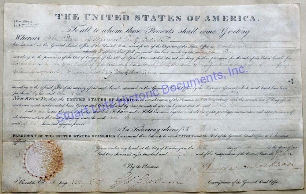 Andrew Jackson signed Presidential land grant for Tippecanoe County, Indiana