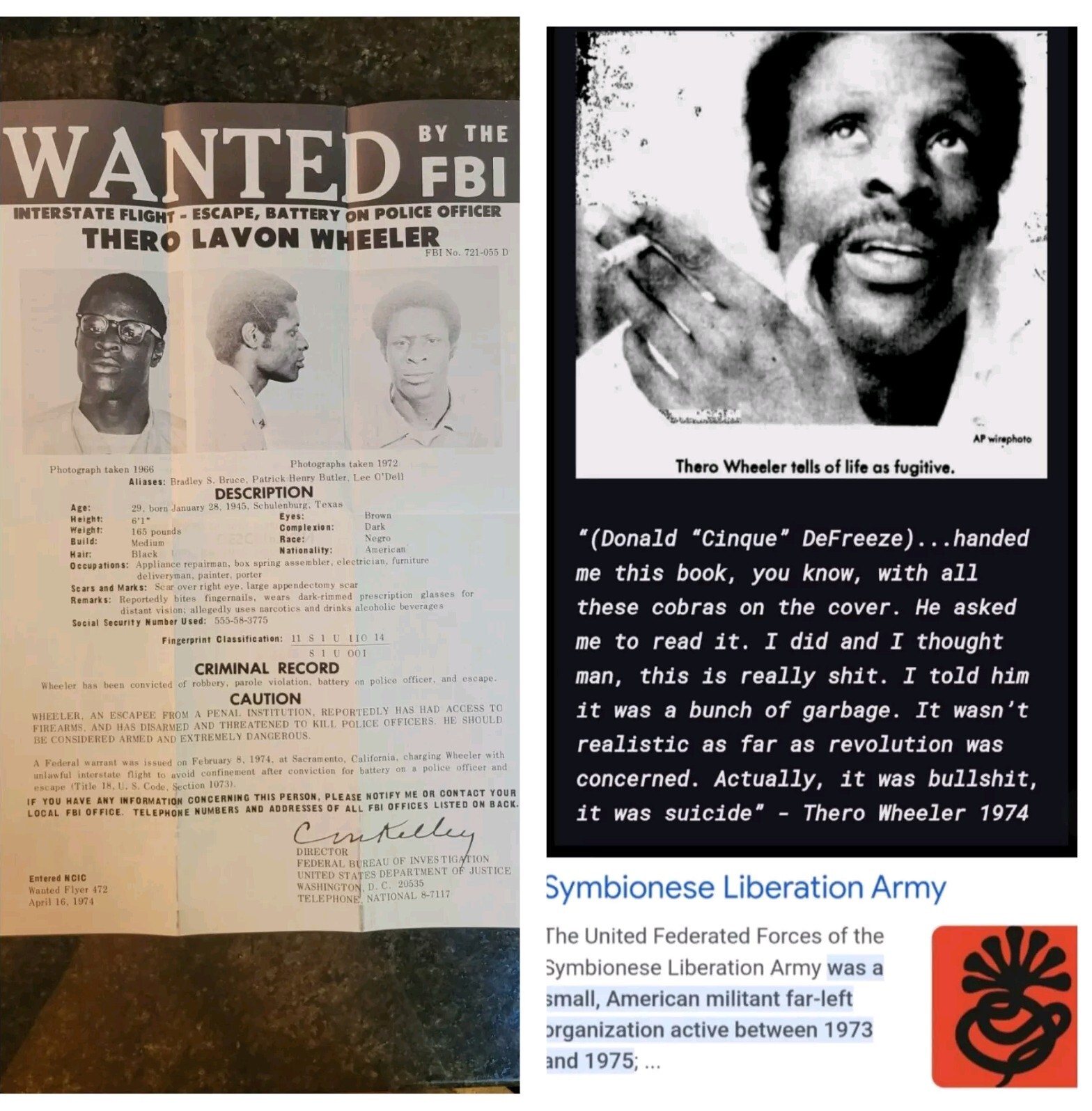 FBI Wanted Poster, Thero Lavon Wheeler, SLA FBI Wanted Poster, Thero Lavon Wheeler, SLA