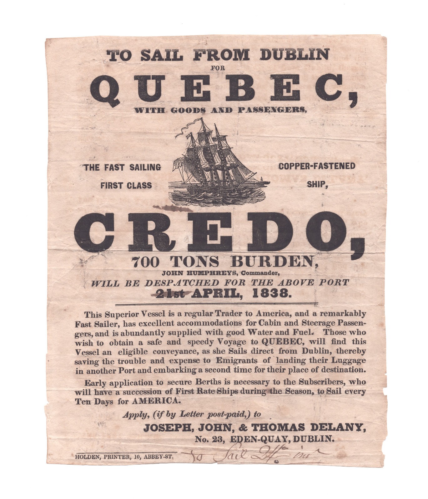 Illustrated broadside for passage to Quebec, Lower Canda from Dublin, April 1838