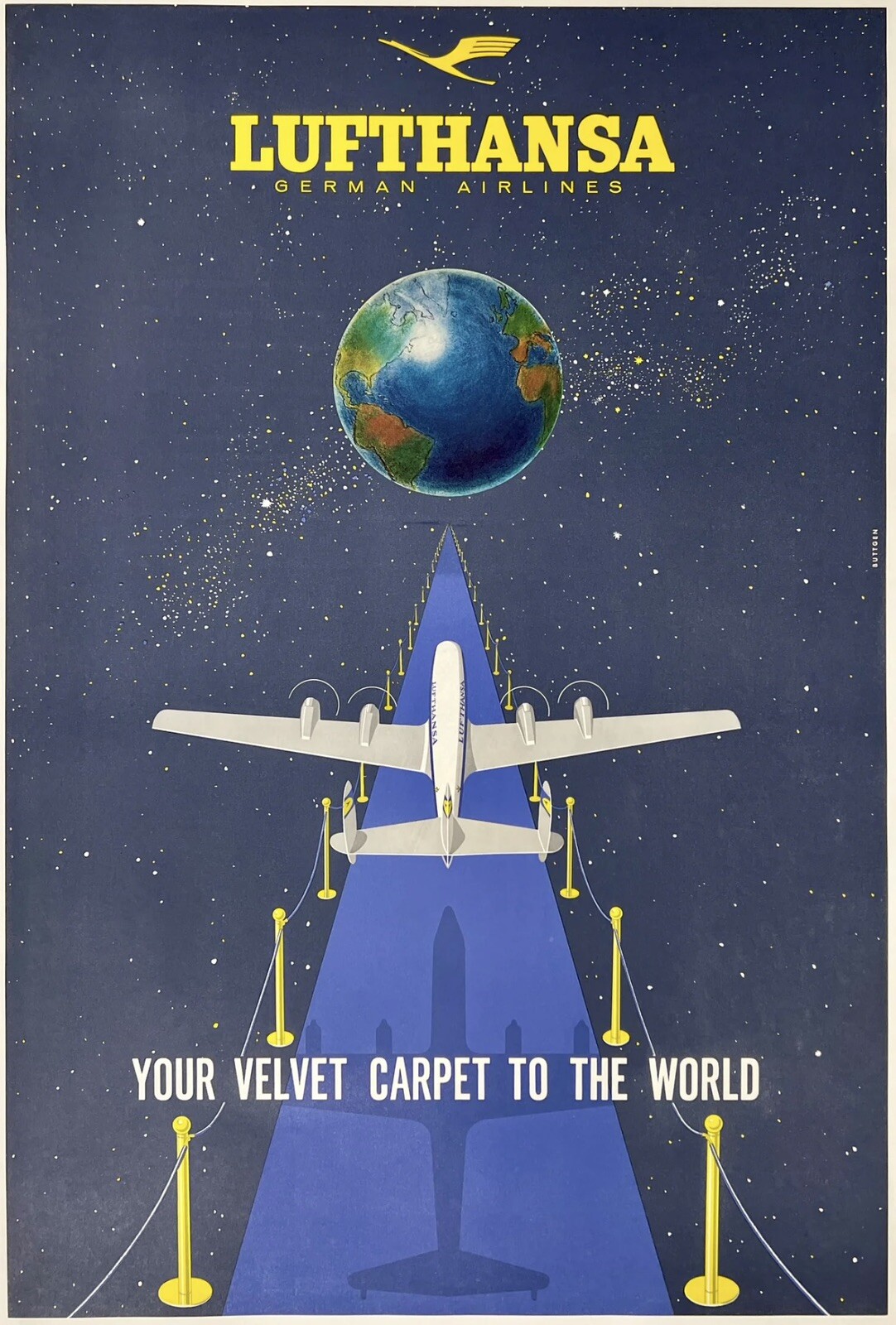 Original Vintage Poster LUFTHANSA VELVET CARPET TO THE WORLD Airline Travel OL Original Vintage Poster LUFTHANSA VELVET CARPET TO THE WORLD Airline Travel OL