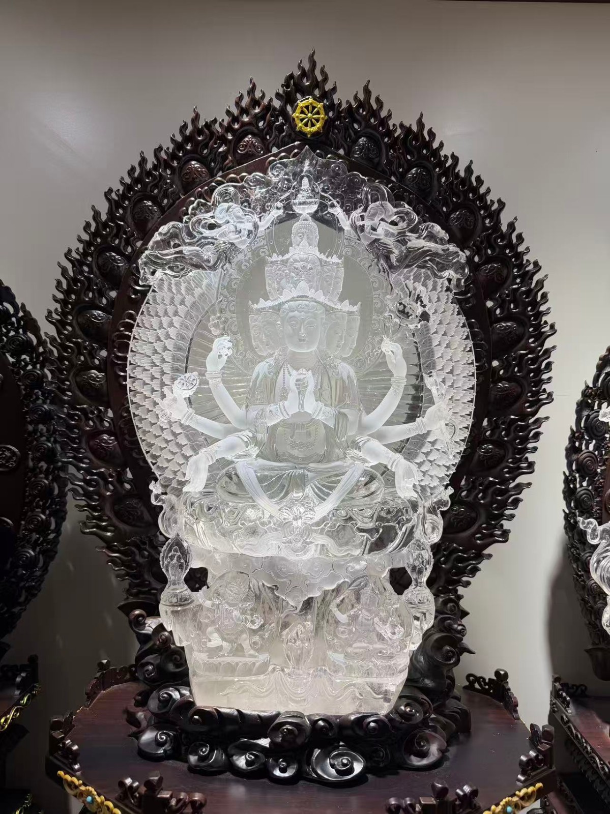 35.27LB Natural Clear Quartz Skull Healing Crystal Carved Thousand-Hand Kwan-yin