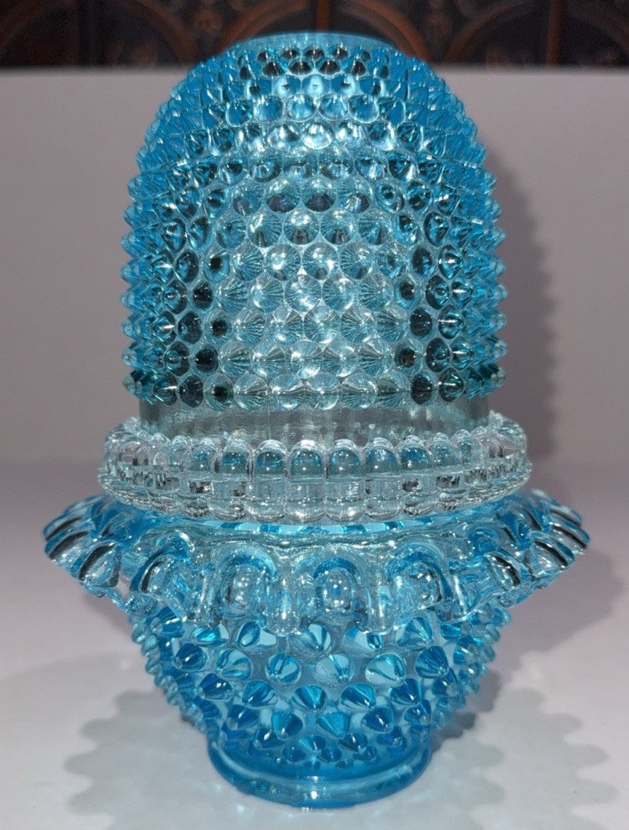 Fenton for L.G. WRIGHT 3 Piece Light Aqua Blue Hobnail Fairy Lamp Light Fenton for L.G. WRIGHT 3 Piece Light Aqua Blue Hobnail Fairy Lamp Light