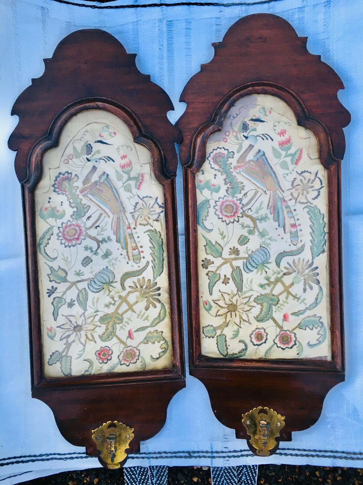WALNUT AND CREWEL WORK WALL SCONCES 1680-1720 STUMPWORK EMBROIDERED 17TH CENT WALNUT AND CREWEL WORK WALL SCONCES 1680-1720 STUMPWORK EMBROIDERED 17TH CENT