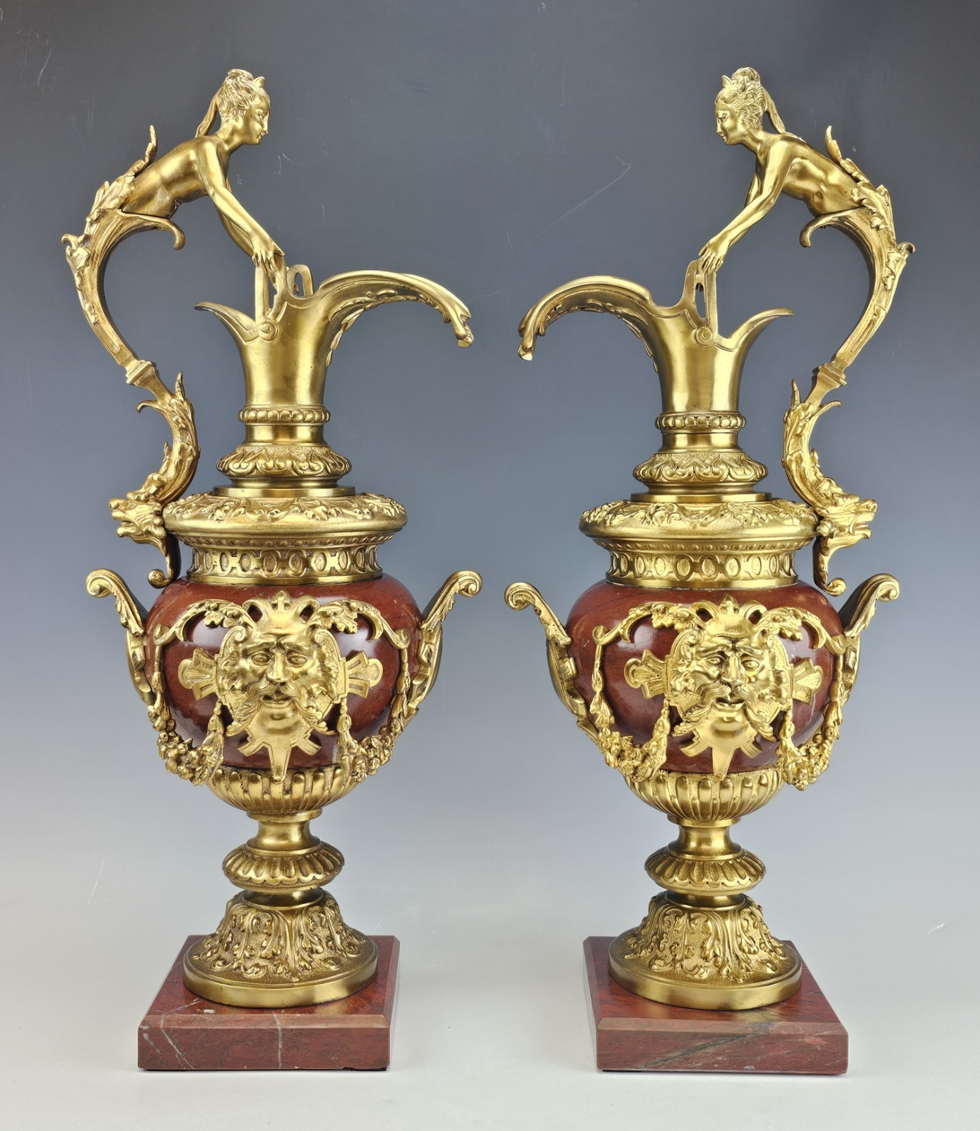 Gorgeous Lrg 19C French Pair Rouge Marble Gilt Bronze Ewers Napoleon III