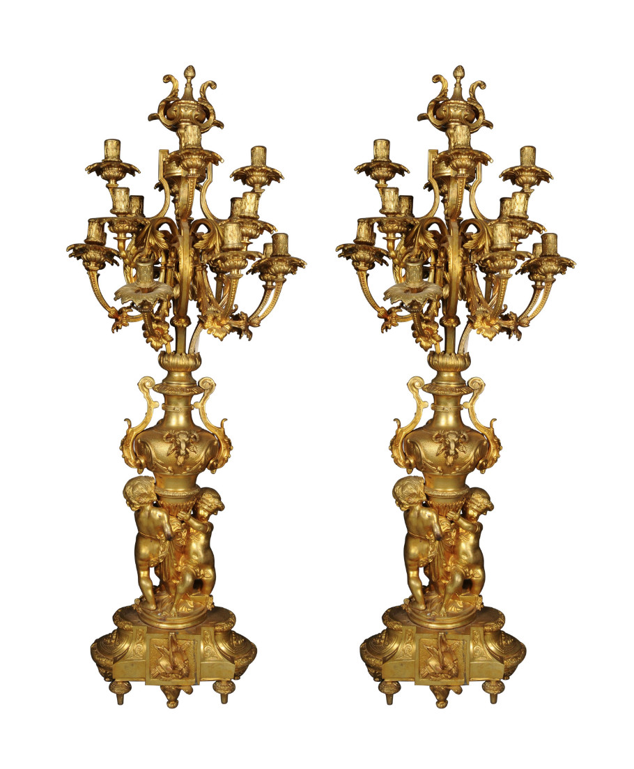 Pair (2X) Monumental Royal Candle Holders, Gilded Bronze, Louis XVI Pair (2X) Monumental Royal Candle Holders, Gilded Bronze, Louis XVI