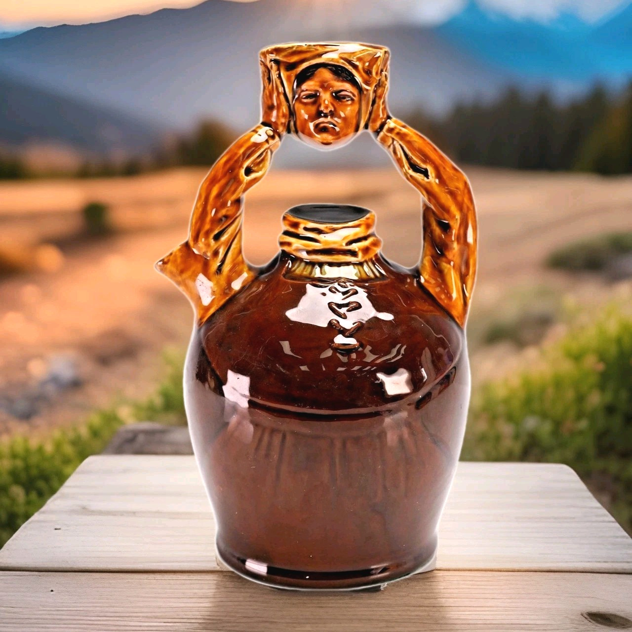 Rare Famous Royal Doulton Kingsware Whiskey Flask Jug The Quiet Woman, Prototype Rare Famous Royal Doulton Kingsware Whiskey Flask Jug The Quiet Woman, Prototype