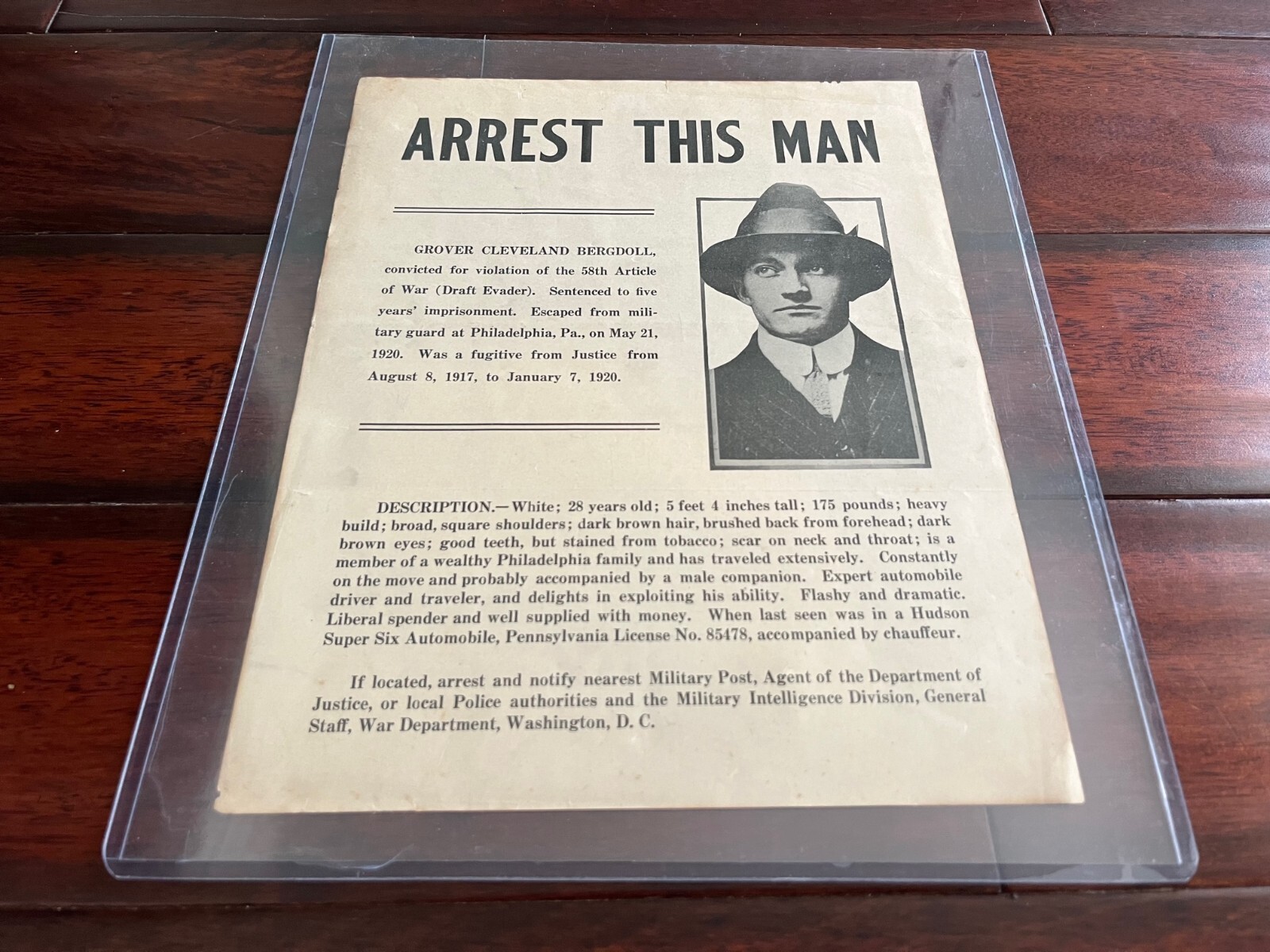 *HISTORIC* 1 OF 3 IN THE WORLD* 1920 GROVER CLEVELAND BERGDOLL FBI WANTED POSTER