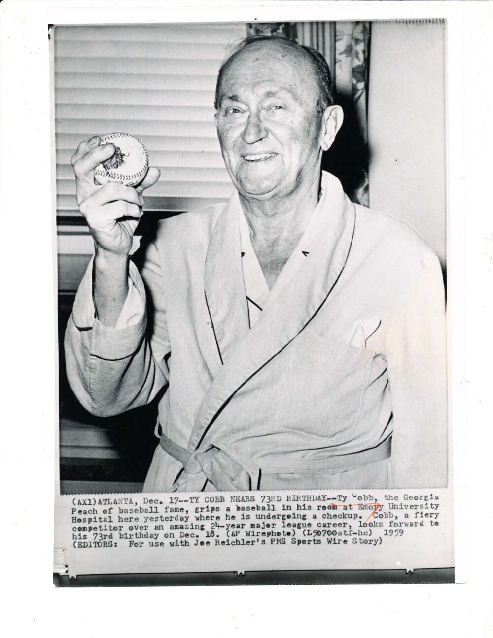 Ty cobb 1959 Wire Photo of him in emery hospital 73rd birthday ba Ty cobb 1959 Wire Photo of him in emery hospital 73rd birthday ba