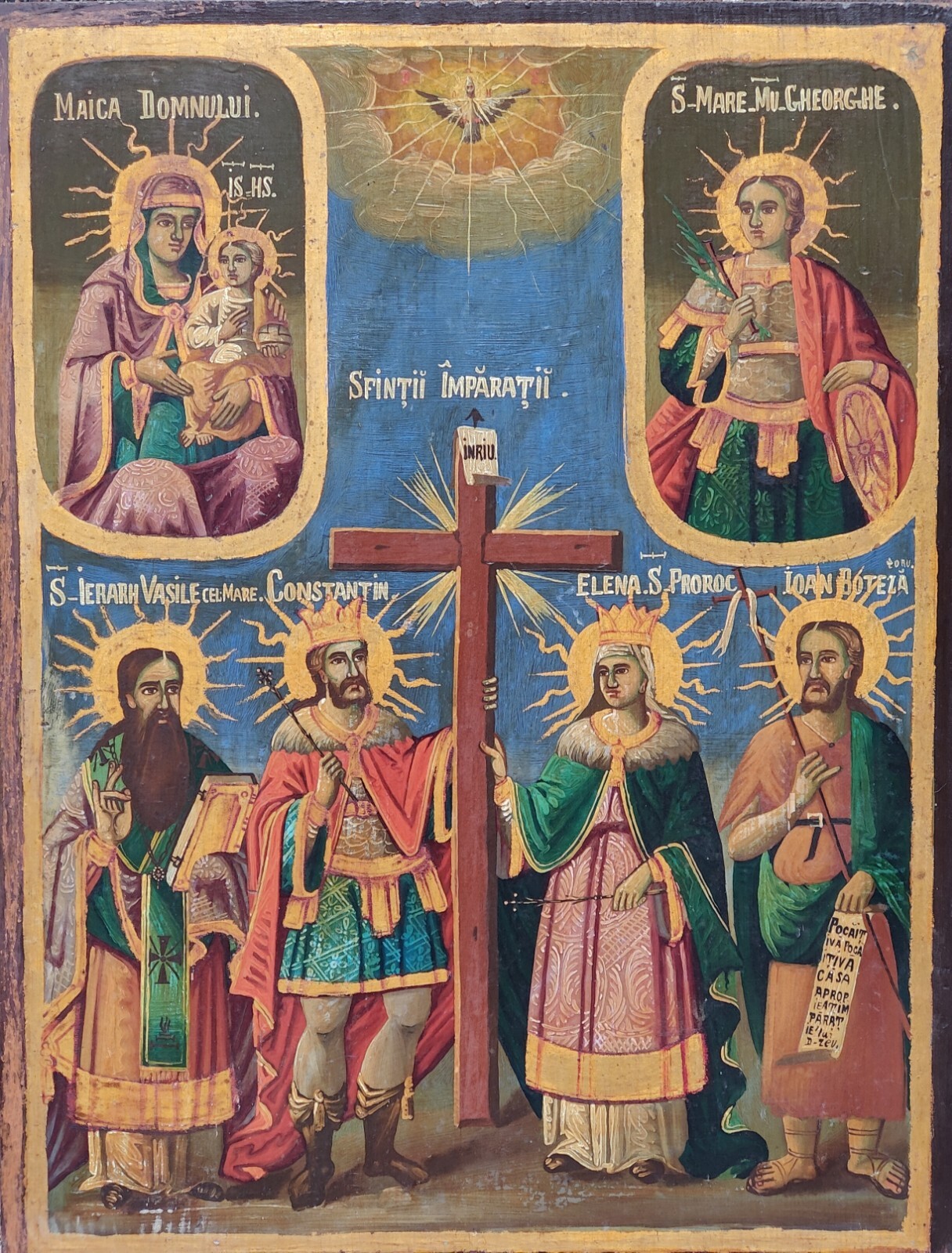 ANTIQUE 19c HAND PAINTED ROMANIAN OF THE ELENA & KONSTANTIN & SELECTED SAINTS 