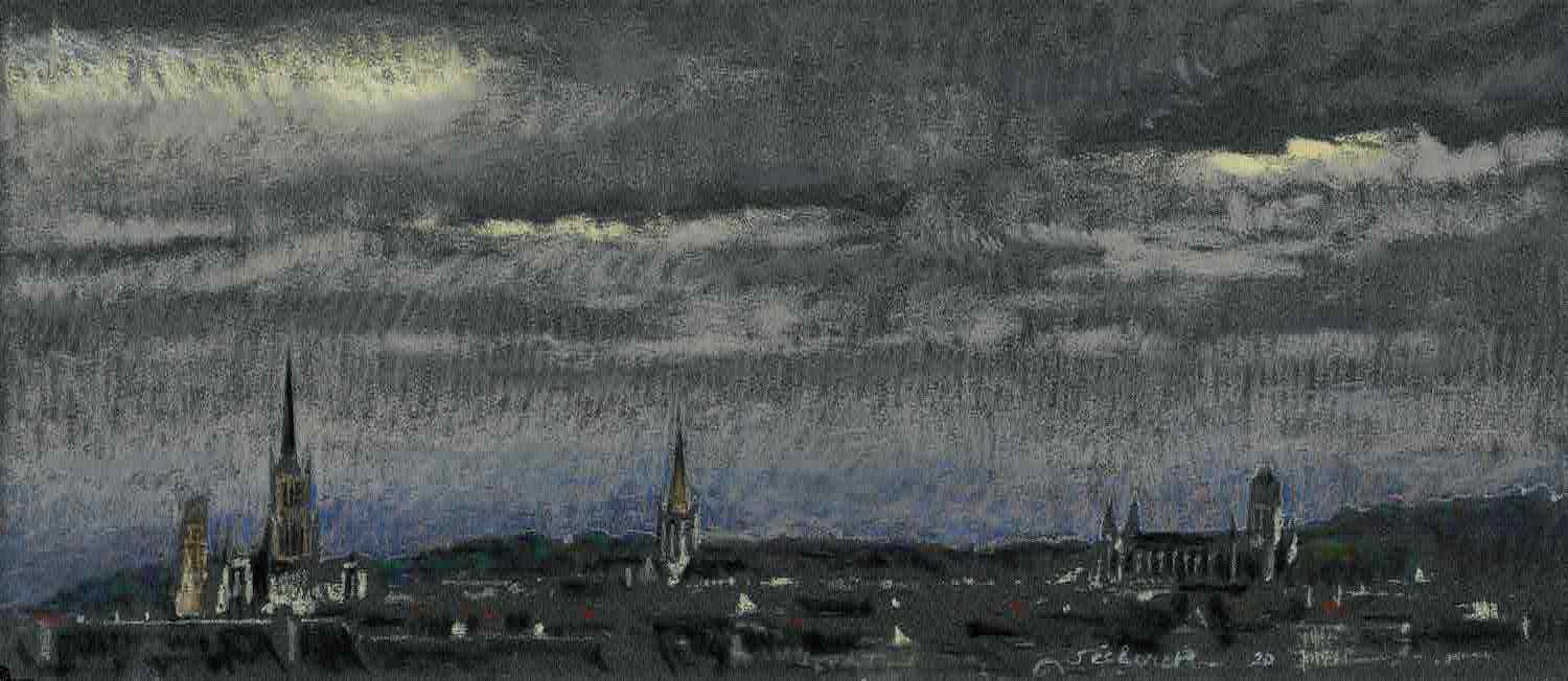 Jean-Baptiste SÉCHERET - Original signed work. View of Rouen. Pastel. Jean-Baptiste SÉCHERET - Original signed work. View of Rouen. Pastel.