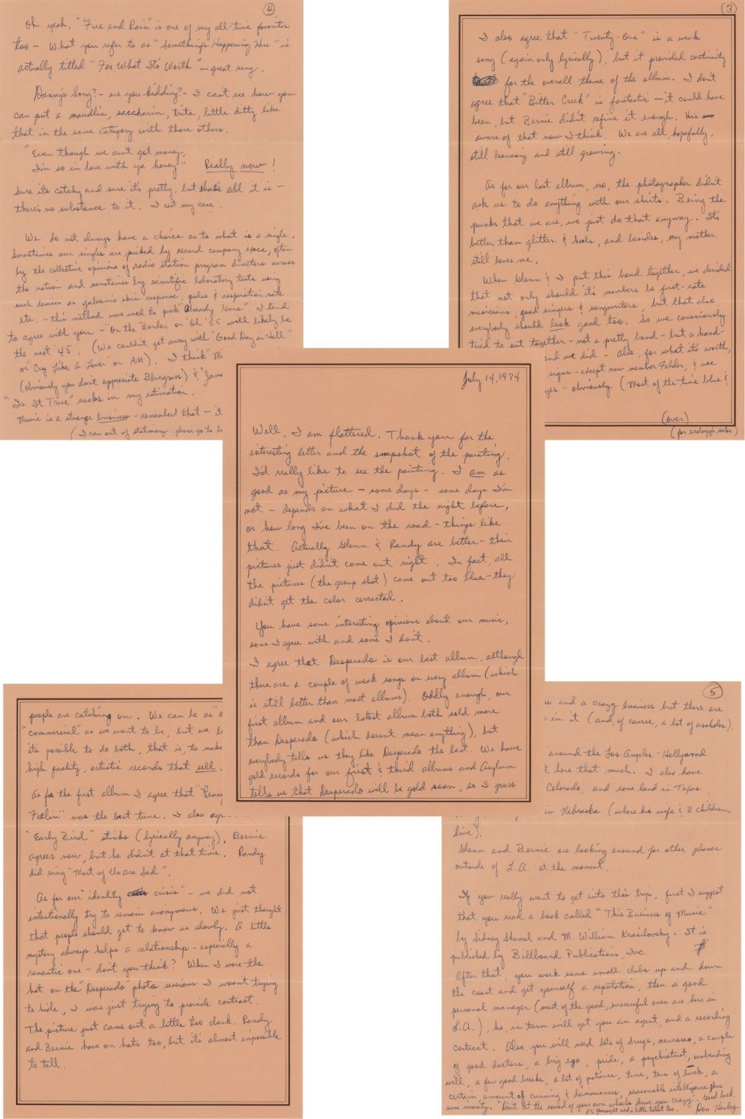 Don Henley Signed 1974 5-Page Handwritten Letter Eagles Band Origin GRAD Auth Don Henley Signed 1974 5-Page Handwritten Letter Eagles Band Origin GRAD Auth