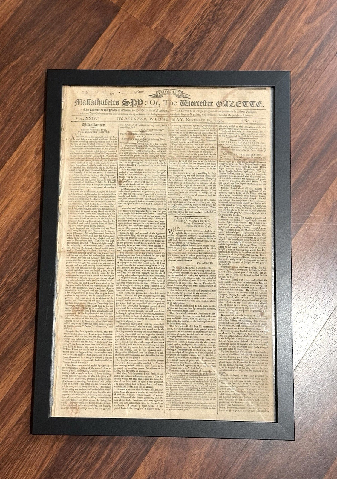 Thomas's Massachusetts Spy, or Worcester Gazette Nov 25th 1795 Antique Newspaper Thomas's Massachusetts Spy, or Worcester Gazette Nov 25th 1795 Antique Newspaper