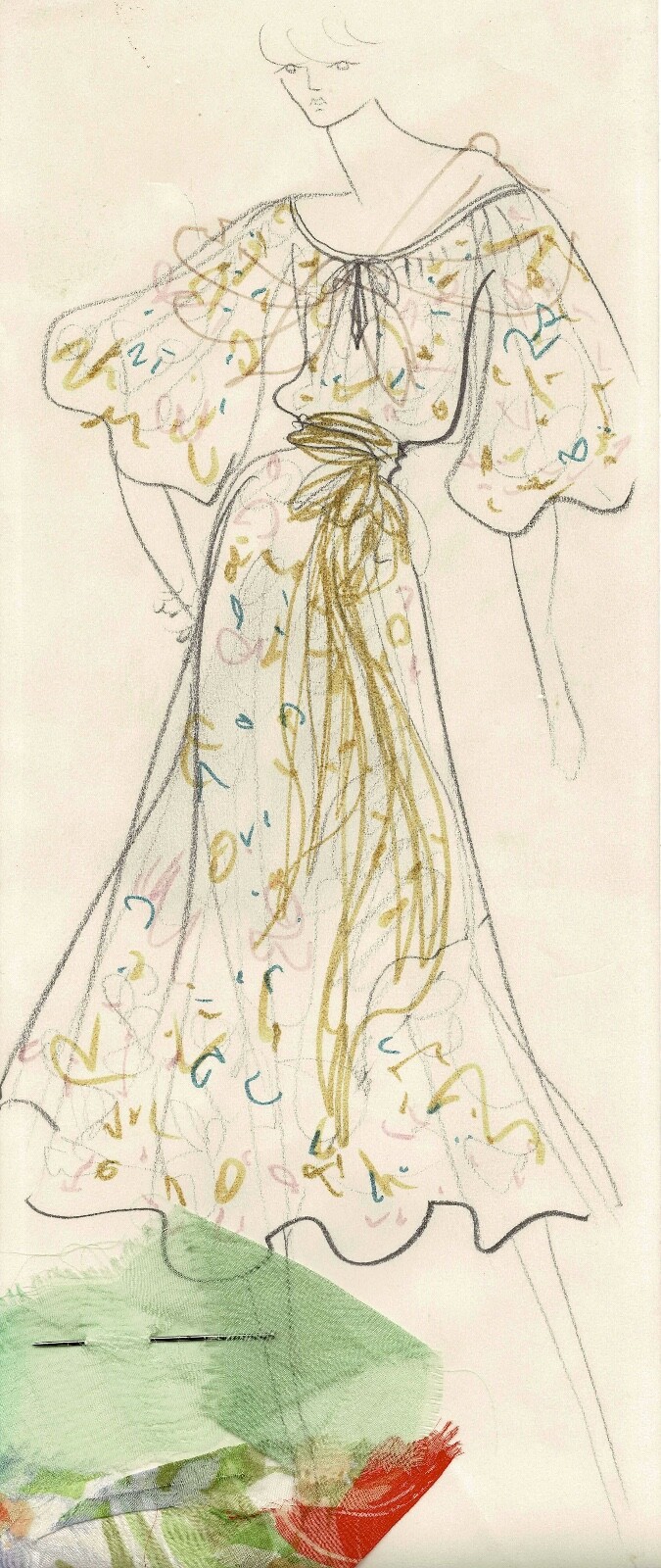 Yves SAINT LAURENT Original Drawing. 1969 Pencil, Felt and Fabric Sample