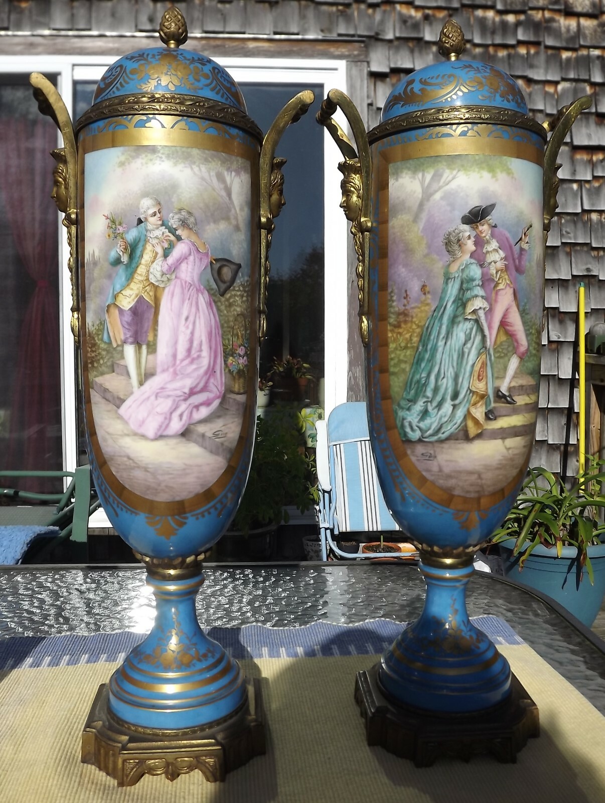 1771 GORGEOUS PAIR OF ANTIQUE SEVRES PORCELAIN COVERED URNS