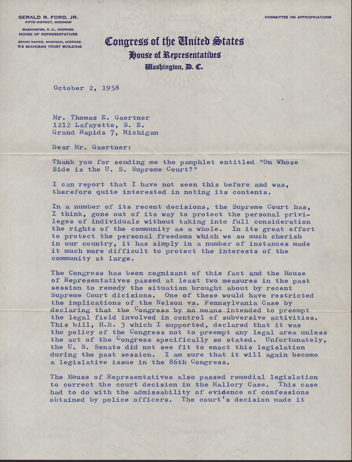 GERALD R. FORD - TYPED LETTER SIGNED 10/02/1958 GERALD R. FORD - TYPED LETTER SIGNED 10/02/1958