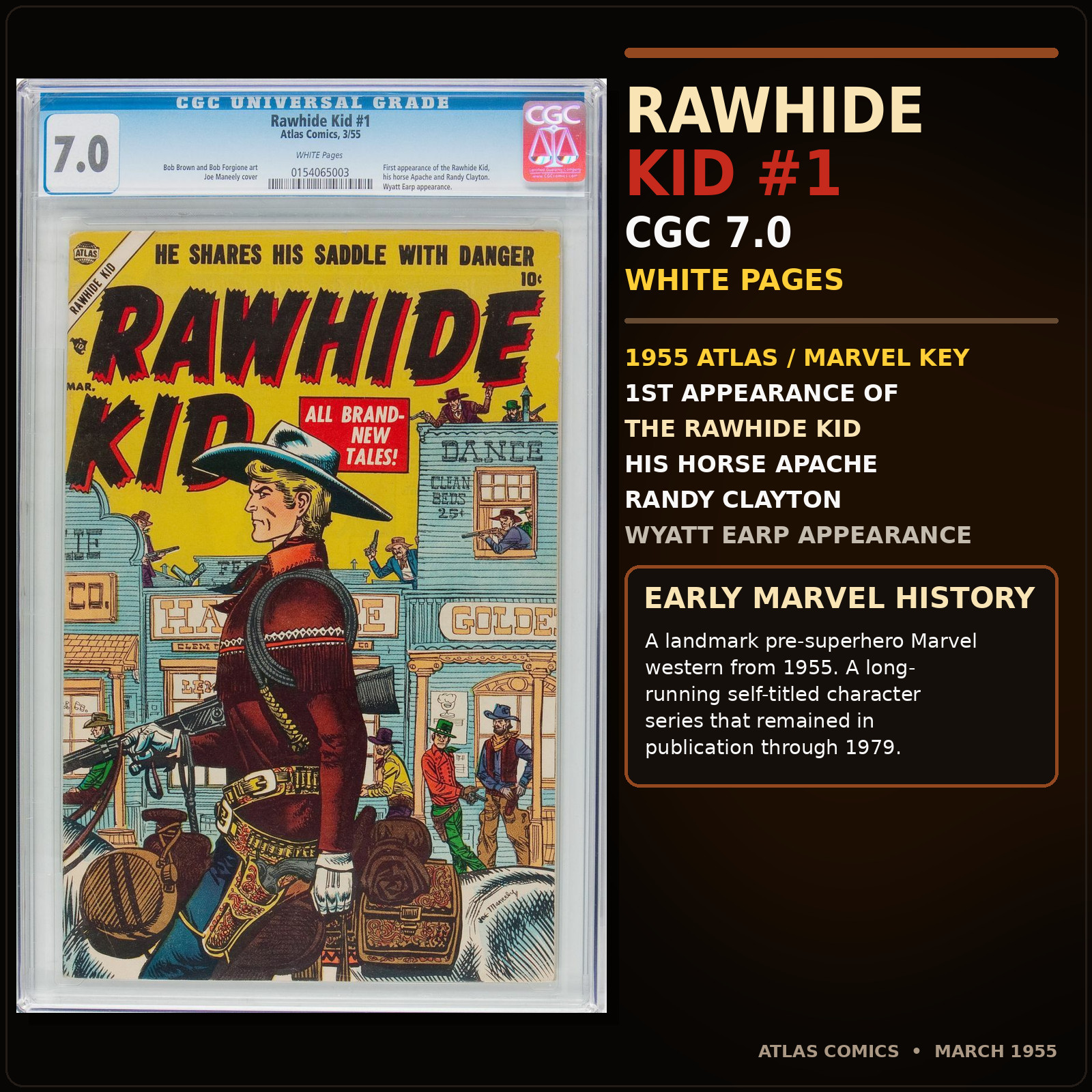 RAWHIDE KID #1 CGC 7.0 W PQ  1st App Series Ran 1955-1979  SCARCE  #0154065003