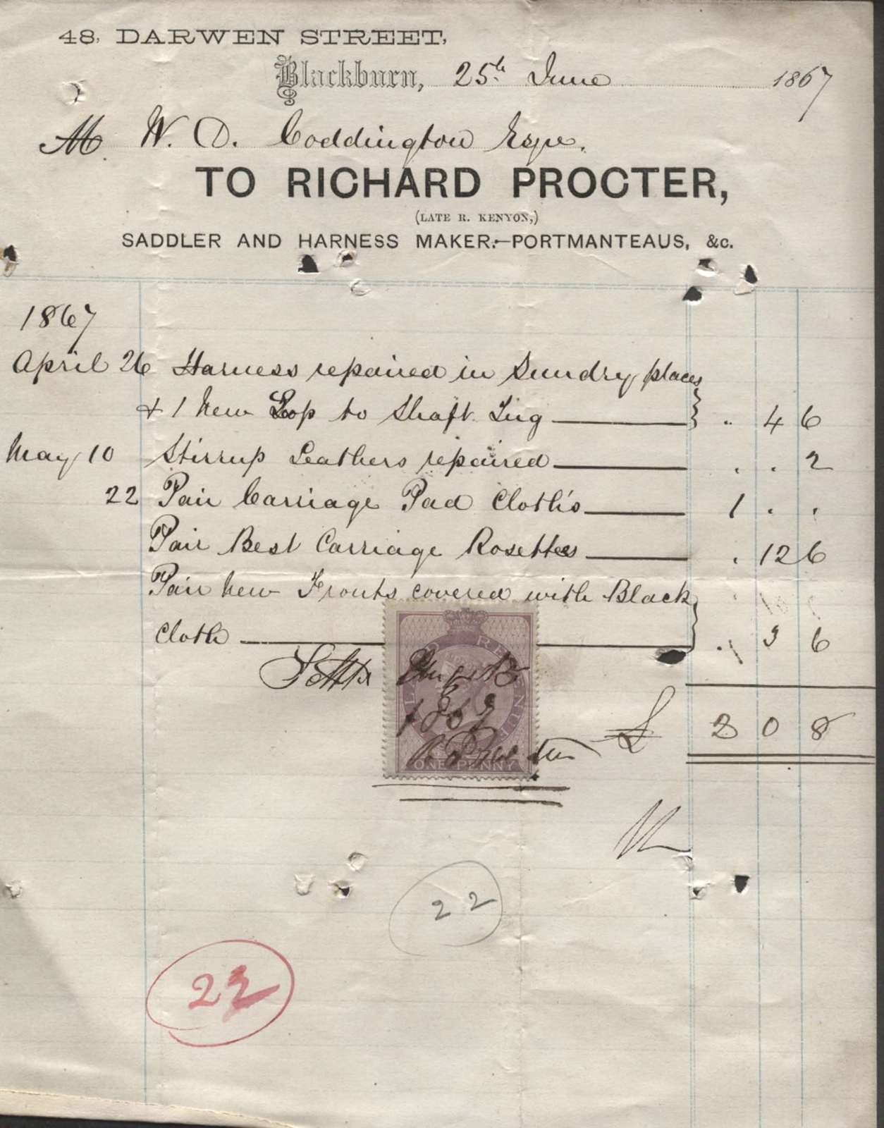 1867 BLACKBURN, RICHARD PROCTOR, SADDLER, LEATHER WORK 48 DARWEN STREET BILLHEAD 1867 BLACKBURN, RICHARD PROCTOR, SADDLER, LEATHER WORK 48 DARWEN STREET BILLHEAD