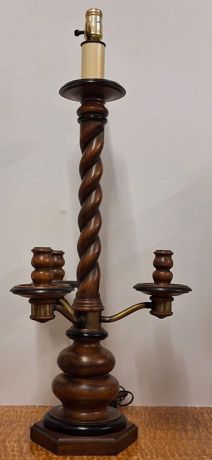 Antique Leviton Brass And Wood Barley Twist Three Light Candlestick Table Lamp Antique Leviton Brass And Wood Barley Twist Three Light Candlestick Table Lamp