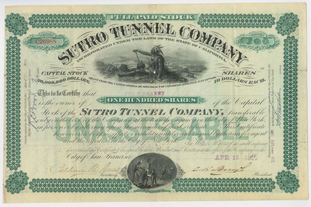 Sutro Tunnel Co. - 1880's dated Stock Certificate - Available in Green, Red or
