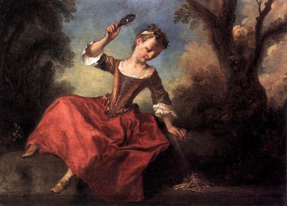 Oil painting Nicolas-Lancret-The-Burning-Glass-young girl in landscape Oil painting Nicolas-Lancret-The-Burning-Glass-young girl in landscape