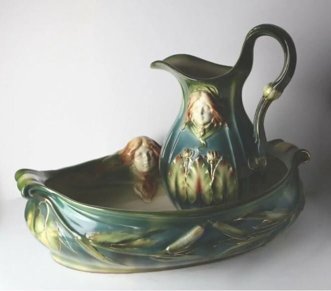 Franz Mehlem Porcelain Wash Bowl / Basin & Pitcher, Art Nouveau design