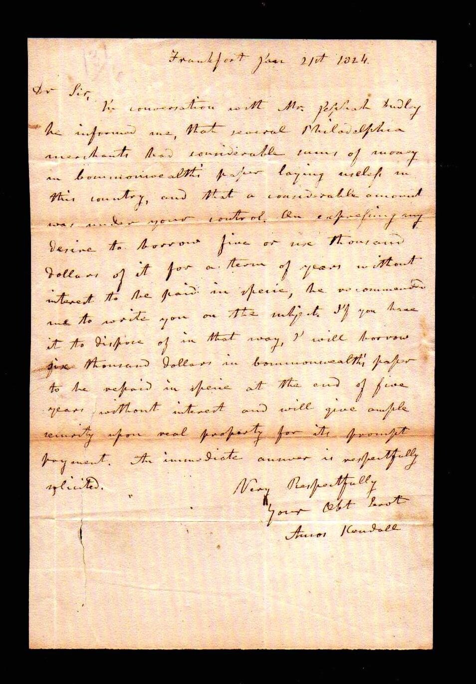 1824 Frankfort Ky - FANTASTIC ALS Amos Kendall - re Money signed letter head 1824 Frankfort Ky - FANTASTIC ALS Amos Kendall - re Money signed letter head