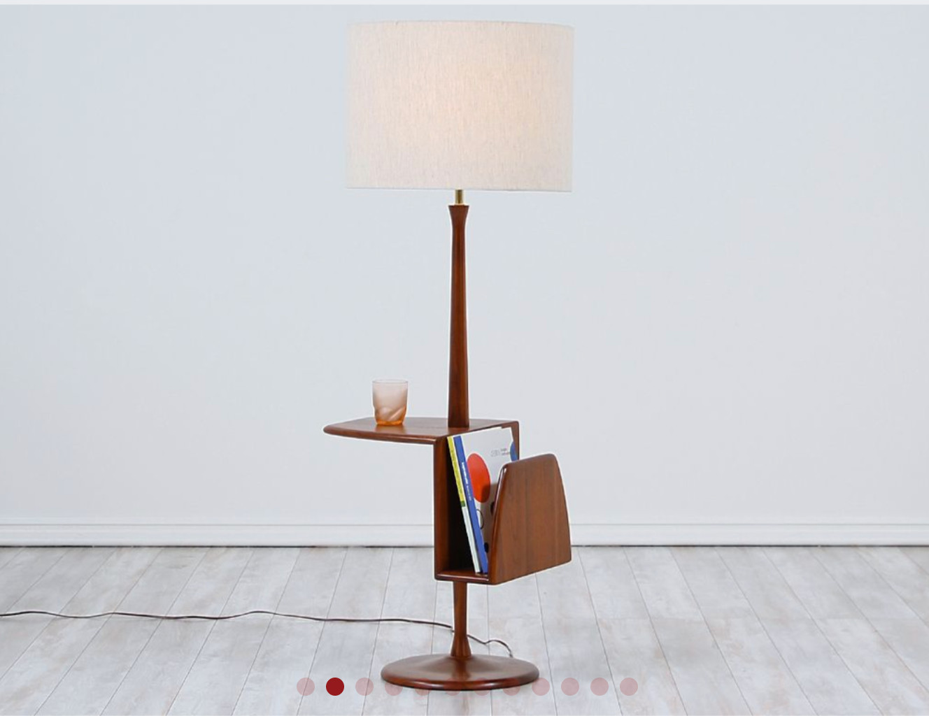 Perfect Walnut Mid-Century Floor Lamp w Magazine Tray and Linen Shade by Laurel Perfect Walnut Mid-Century Floor Lamp w Magazine Tray and Linen Shade by Laurel