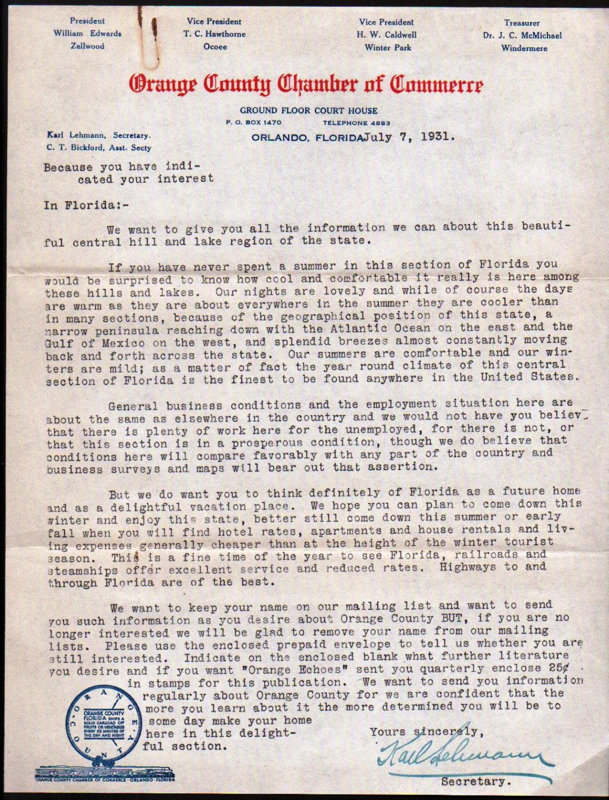 1931 Orlando Fl - Orange County Chamber of Commerce - Karl Lehmann - Letter Head 1931 Orlando Fl - Orange County Chamber of Commerce - Karl Lehmann - Letter Head