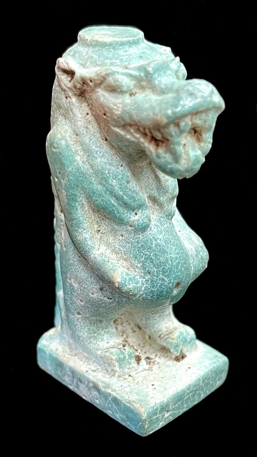 1570- 1342 BC EGYPTIAN THUTMOSID 18th DYNASTY TAWERET GLAZED BLUE FAIENCE AMULET 1570- 1342 BC EGYPTIAN THUTMOSID 18th DYNASTY TAWERET GLAZED BLUE FAIENCE AMULET