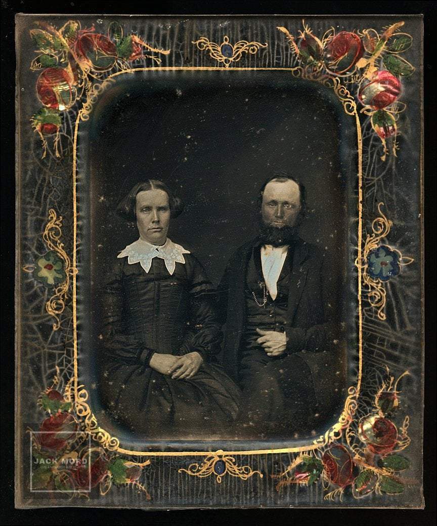 Very Rare MOP Mat & Half Plate Daguerreotype Photo ID'd Man Woman Full Case Very Rare MOP Mat & Half Plate Daguerreotype Photo ID'd Man Woman Full Case