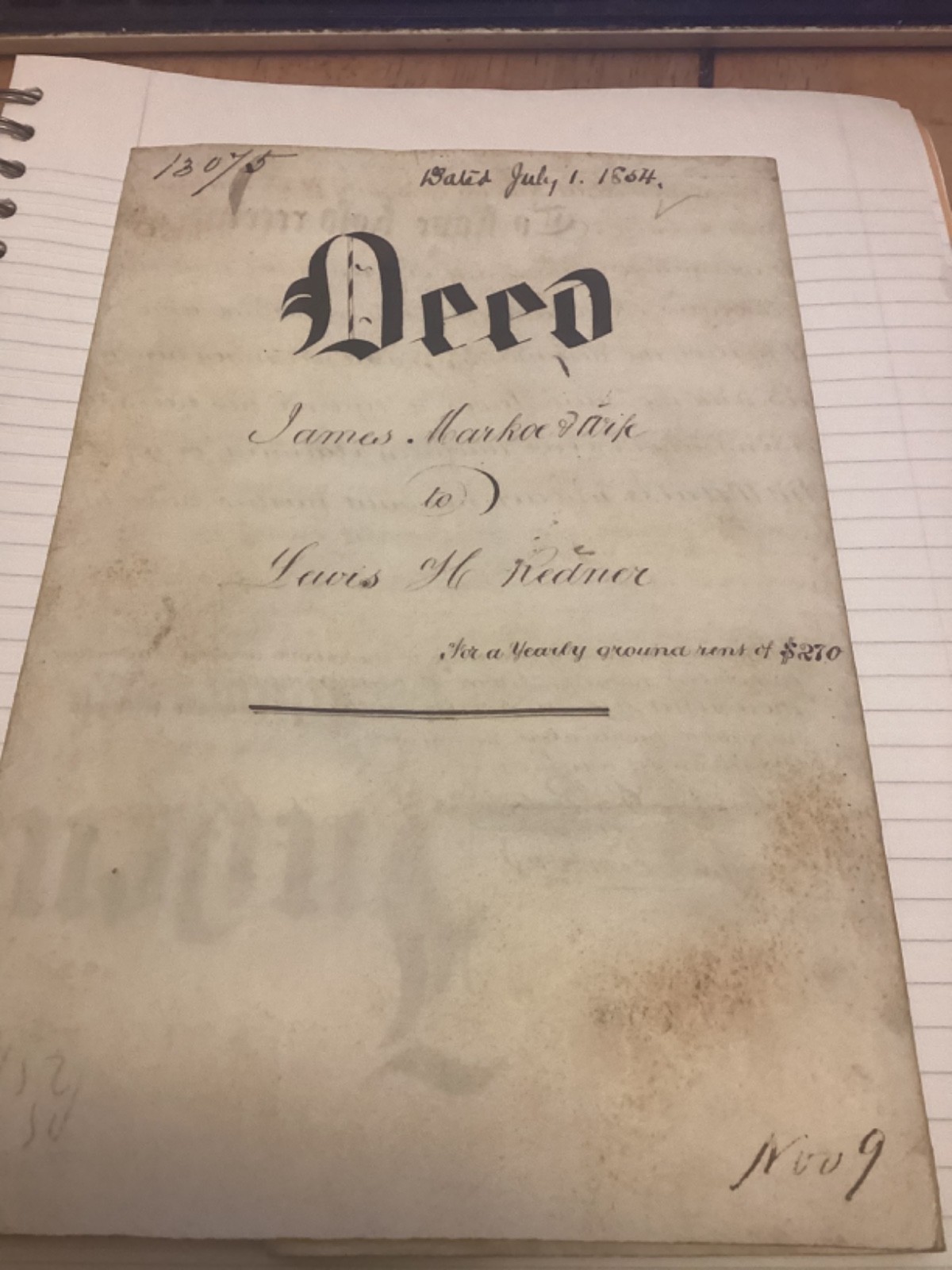 orig 1854 Phila  Deed for house of Lewis H Redner.Composer O Little Town Of Beth