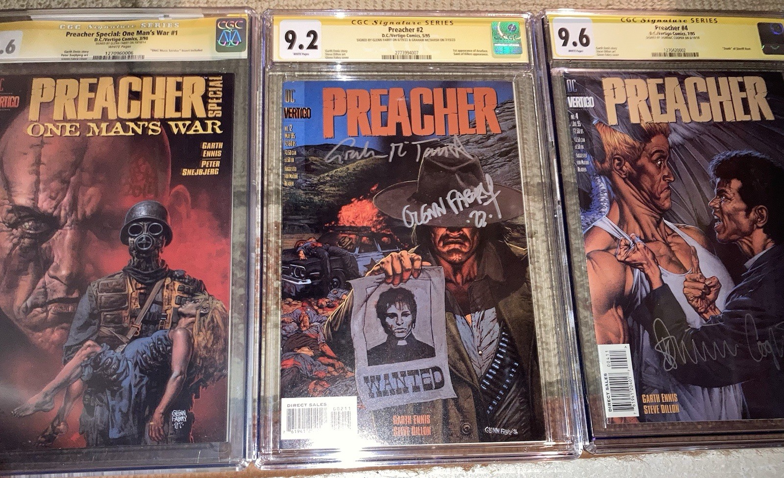 Preacher 1, 2 & 4 Signed Comic Book Lot Dominic Cooper Glenn Fabry Steve Dillon Preacher 1, 2 & 4 Signed Comic Book Lot Dominic Cooper Glenn Fabry Steve Dillon