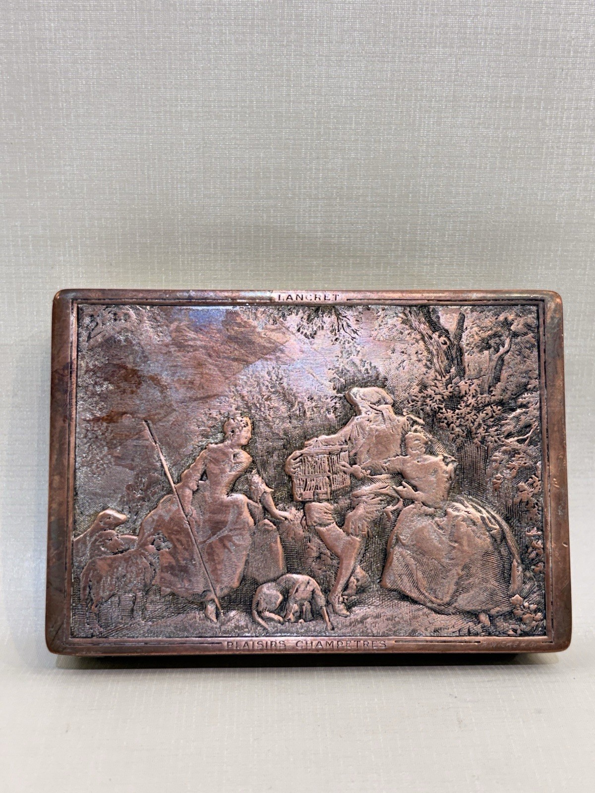 Small Antique Jewelry Box Made Nicolas Lancret Champetres France 3.5x1x2.5”